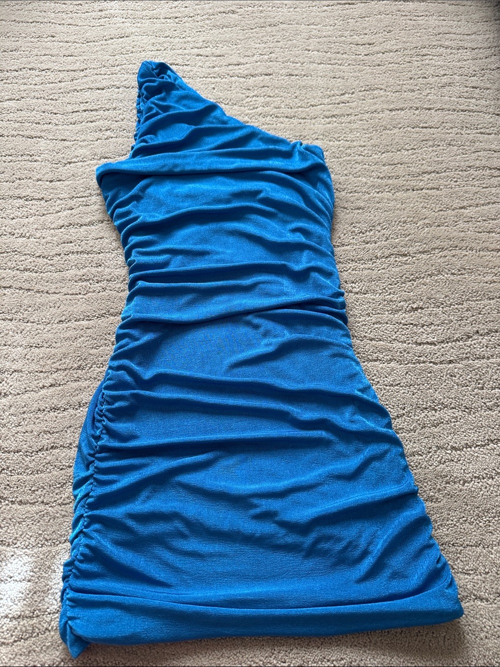 One-Shoulder Ruched Blue Bodycon Dress
